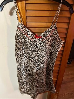 Dollhouse Leopard Satin Chemise with Red Trim and Bow
